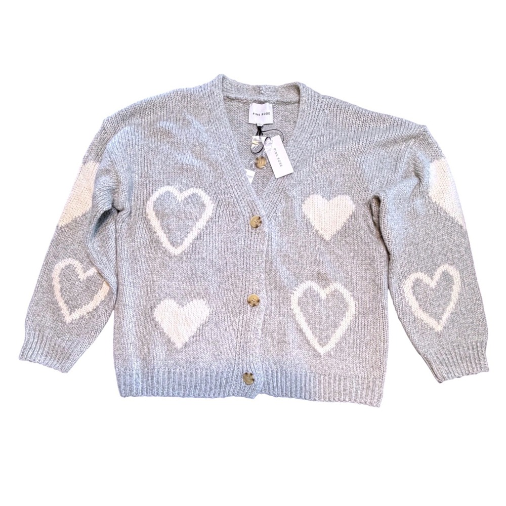 Pink Rose Womens Heart Intarsia Cardigan Sweater Gray White V-Neck Large NEW